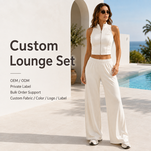 Custom Female Sleeveless Zip Crop Matching Suit Soft Knit Wide Leg Pants