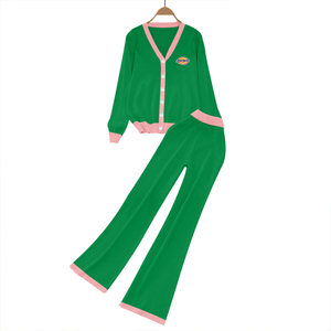 Women's Classic V-Neck Knitted Sweater Sorority Knitwear Pant Set