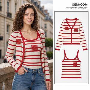 Women Striped Knit Cardigan and Camisole Two Piece Set Long Sleeve Mandarin Collar Above Knee